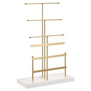 Earring Display Stand Tower 6 Tier Metal Jewelry Holder with Wooden Tray Gold
